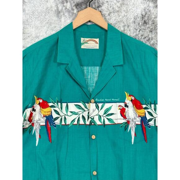 Paradise Found Green Short Sleeve Parrot Casual Button Shirt Size L Large - Picture 2 of 7